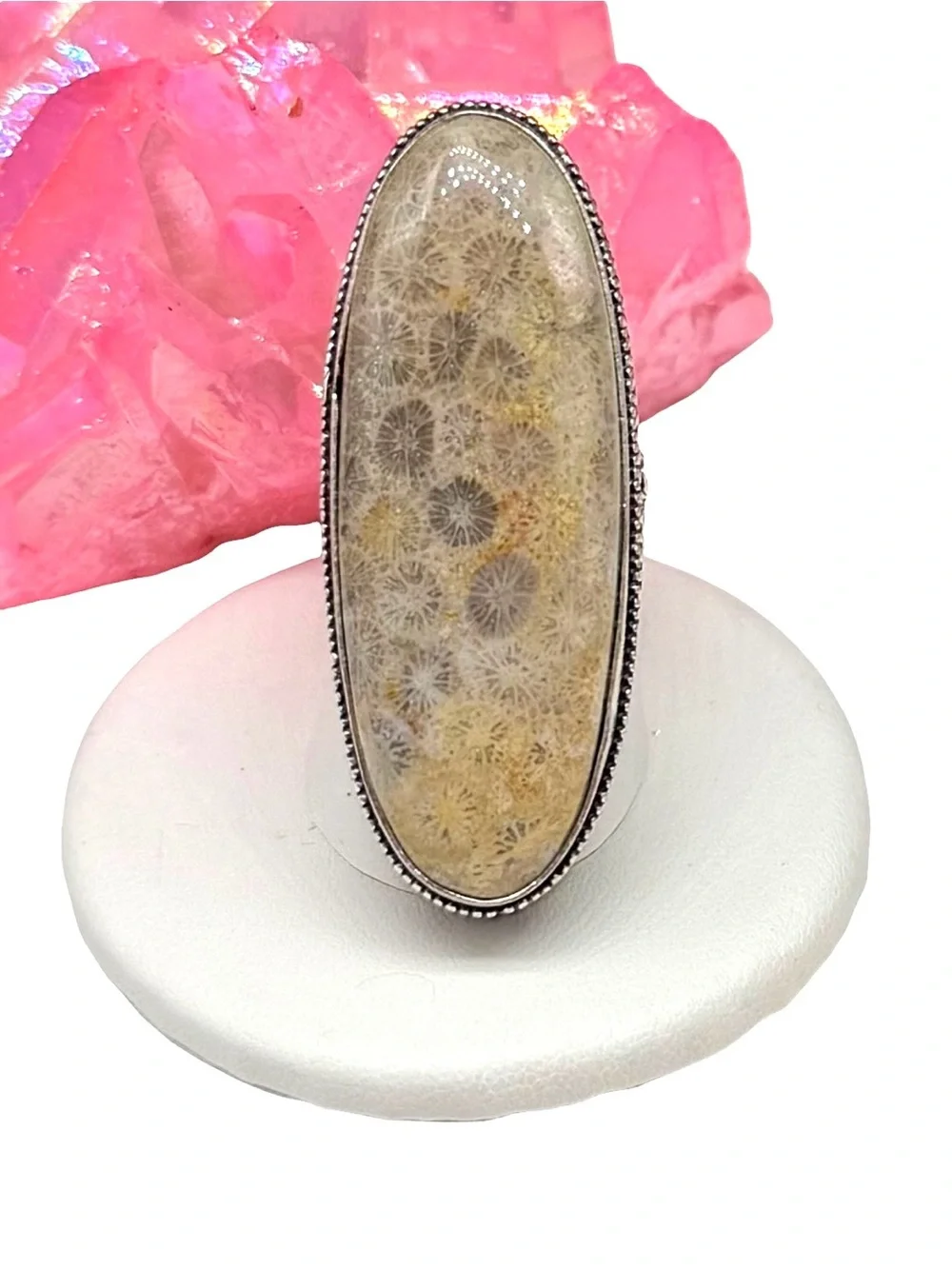 Fossil Coral Ring Size 7 925 Sterling Silver Overlay